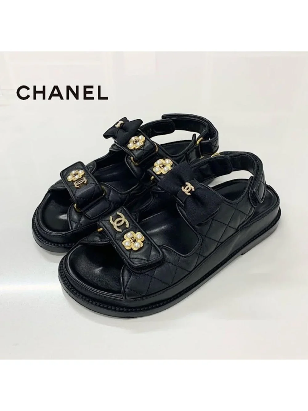Chanel CC Logo Quilted Ribbon Leather Velcro Sandals